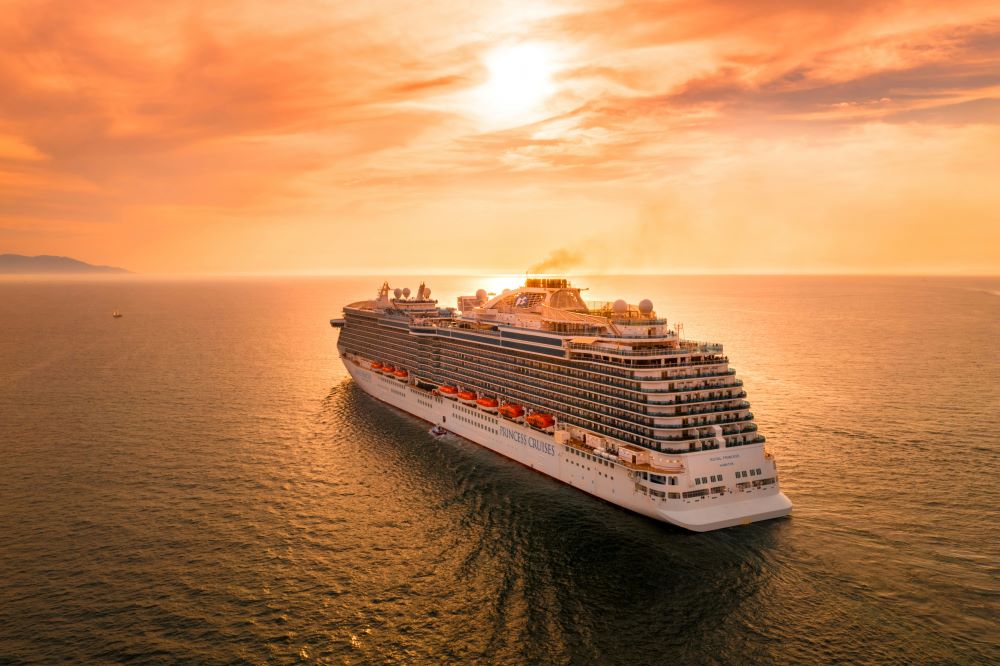 Aerial view of mega cruise ship at sea on calm waters